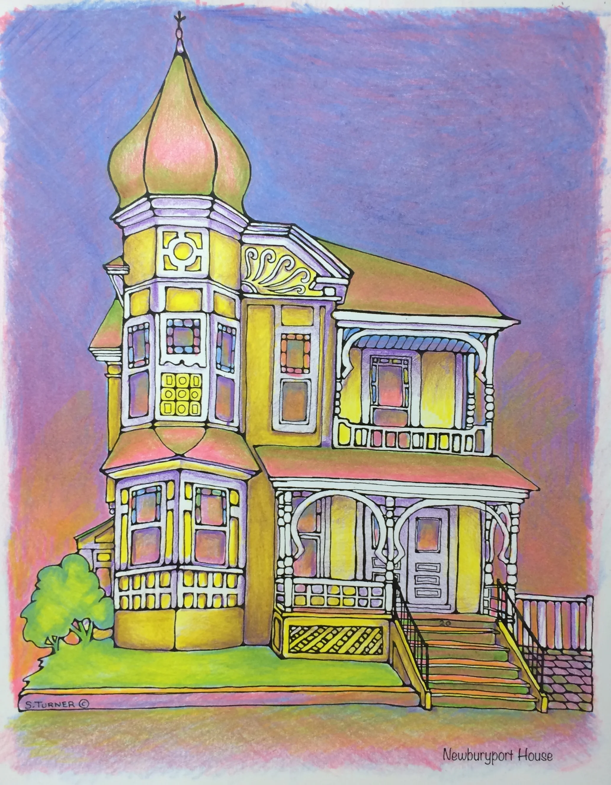 Completed in colored pencil using the 3 primary colors. Drawing from" Color Newburyport" by S. Turner