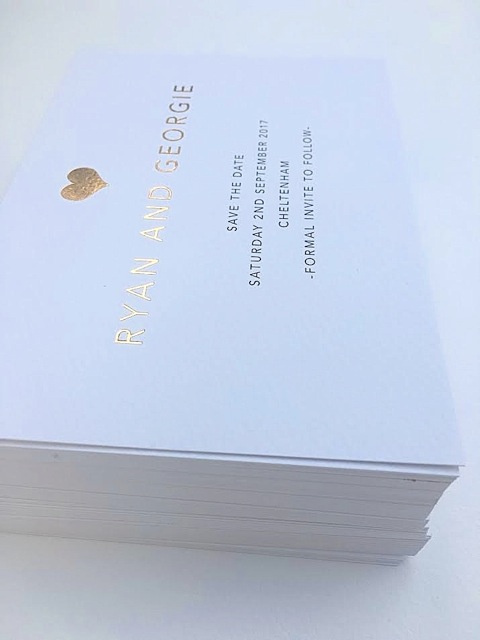 gold foil heart save the dates