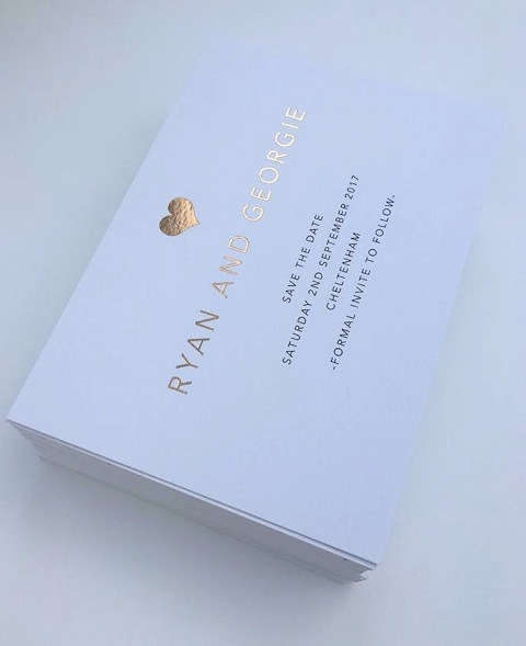 gold foil heart save the dates