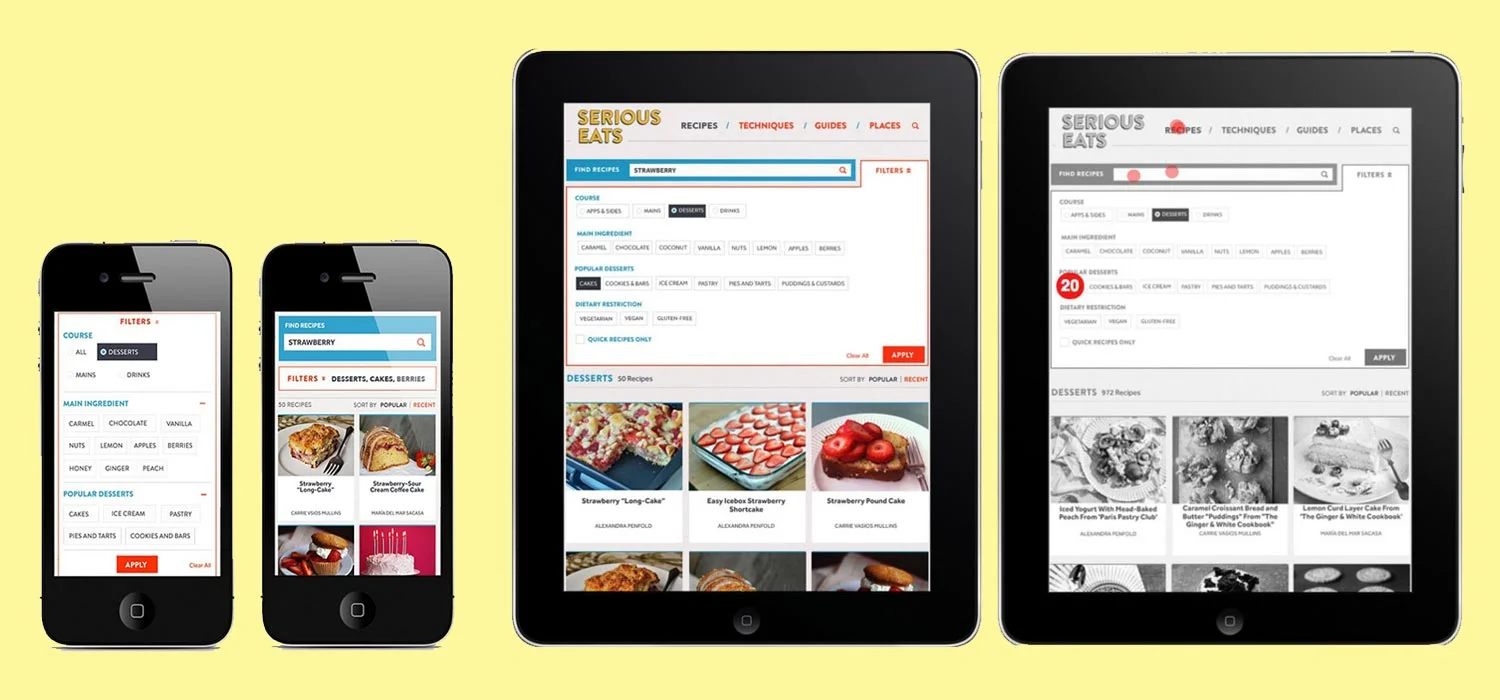 Prototypes: I created click-through prototypes using the site's new design for phone, tablet, and desktop. Mobile UX Design: I collaborated with SE's Design Director to modify the site's search interface across mobile platforms. After revising prototypes based on user feedback, I ran a final round of in-person user tests and made final interface design recommendations.