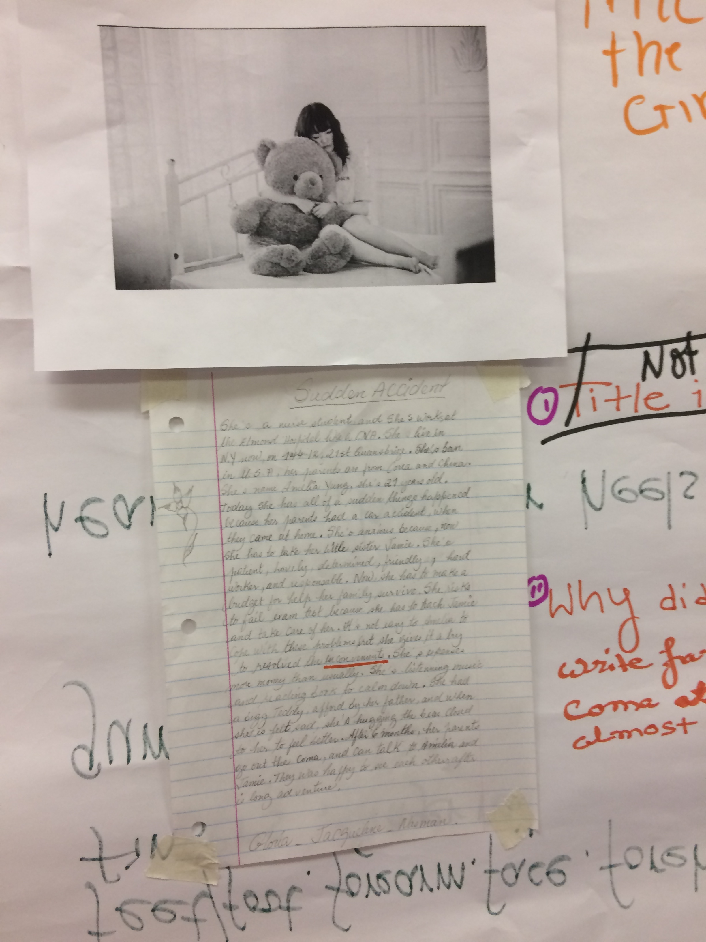 For this activity, students got into small groups, chose a photo, and wrote a story about the person in the photo.