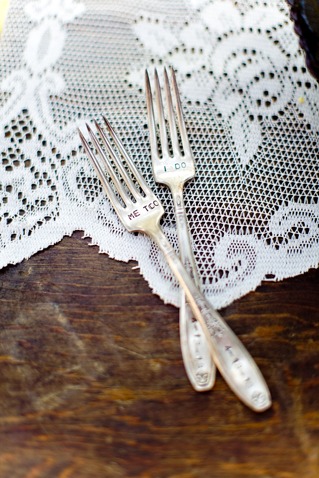 Personalized wedding forks, photography by Katie Beverley.