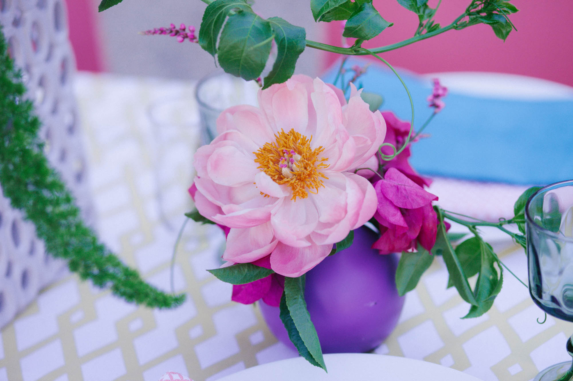 Mod colorful wedding centerpiece inspiration by San Diego florist, Compass Floral at The Saguaro Palm Springs.