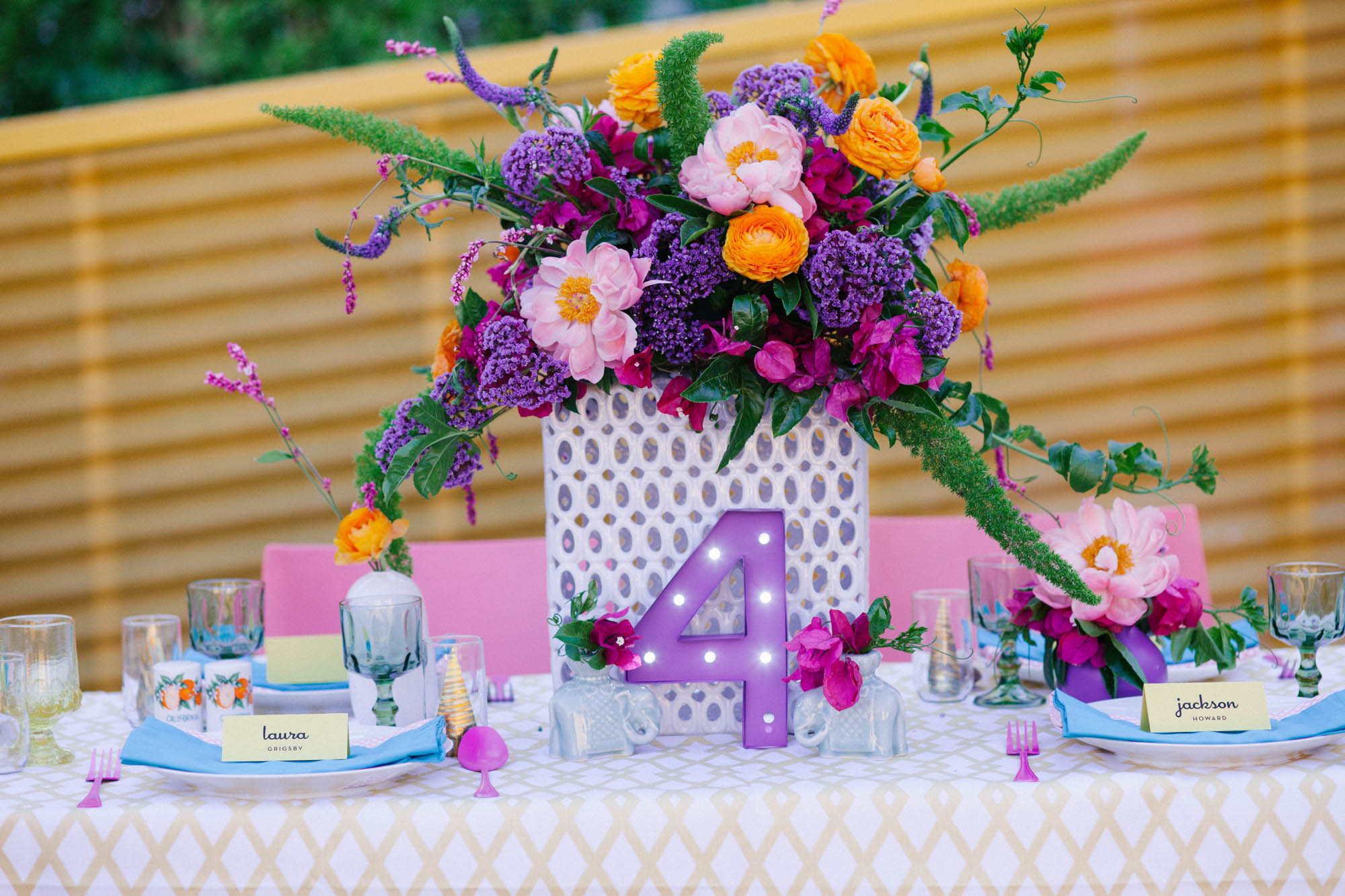 Mod colorful wedding centerpiece inspiration by San Diego florist, Compass Floral at The Saguaro Palm Springs.