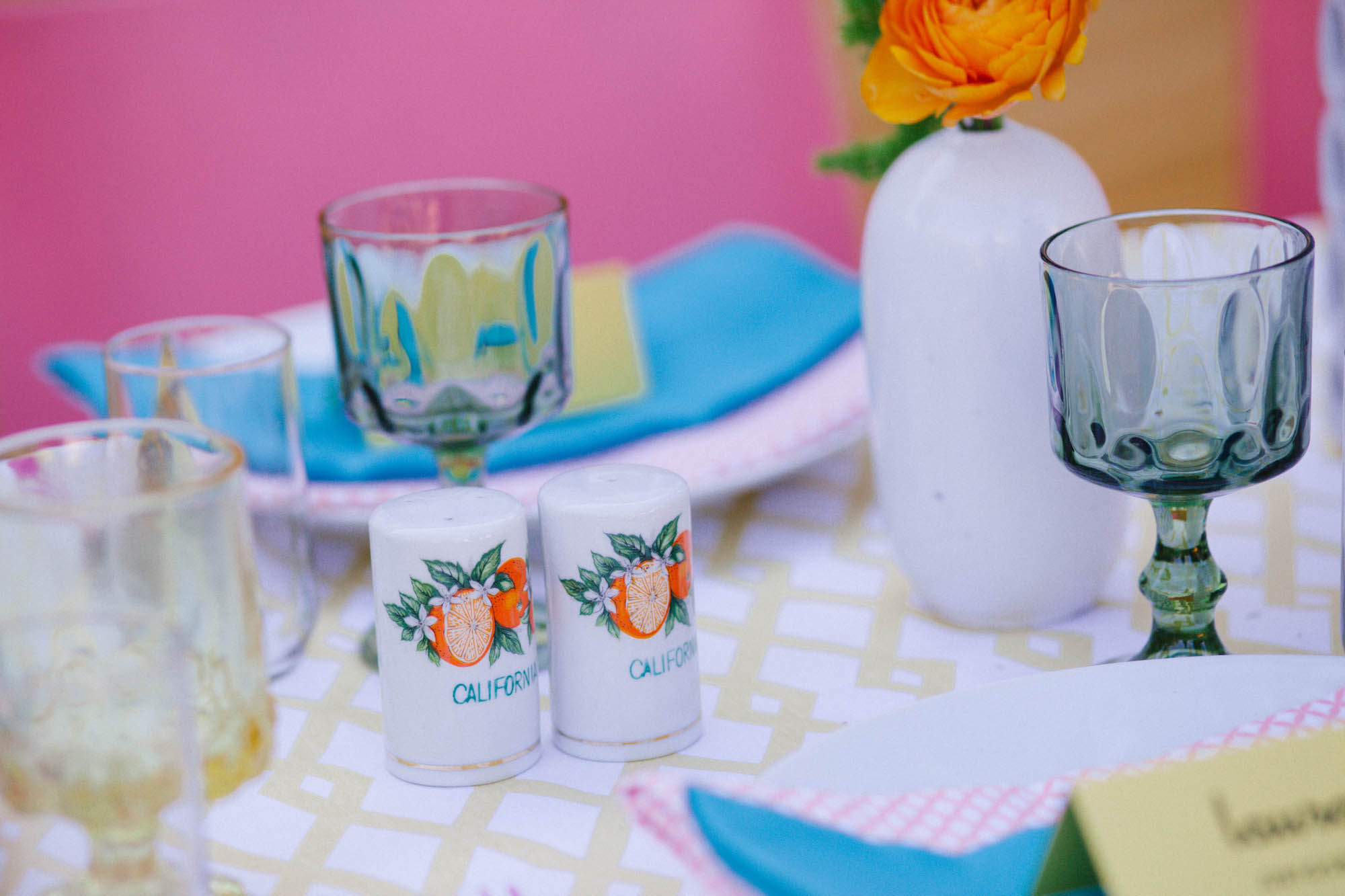 Mod colorful wedding centerpiece inspiration by San Diego florist, Compass Floral at The Saguaro Palm Springs.