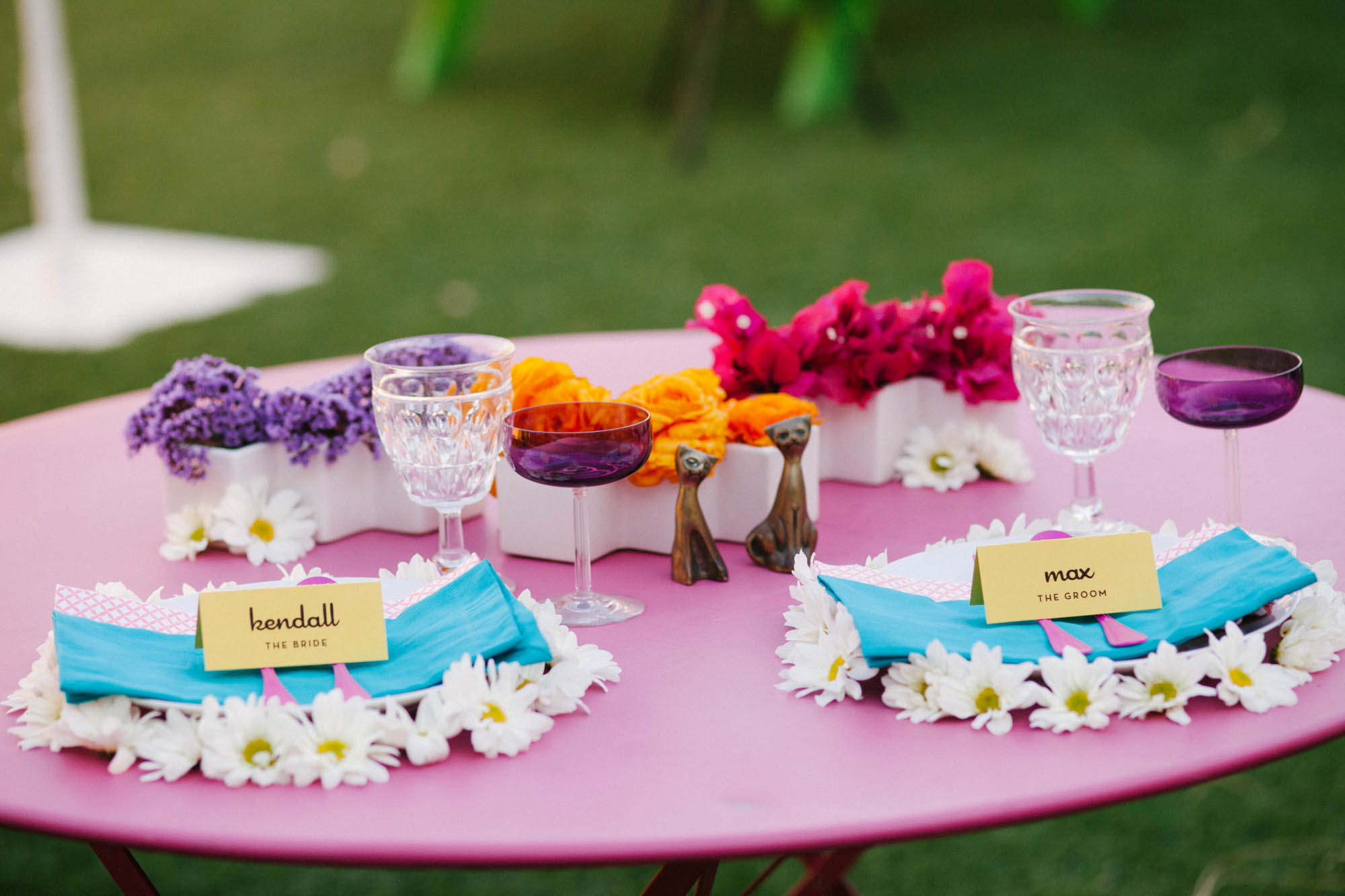 Mod colorful sweetheart table inspiration by San Diego florist, Compass Floral at The Saguaro Palm Springs.