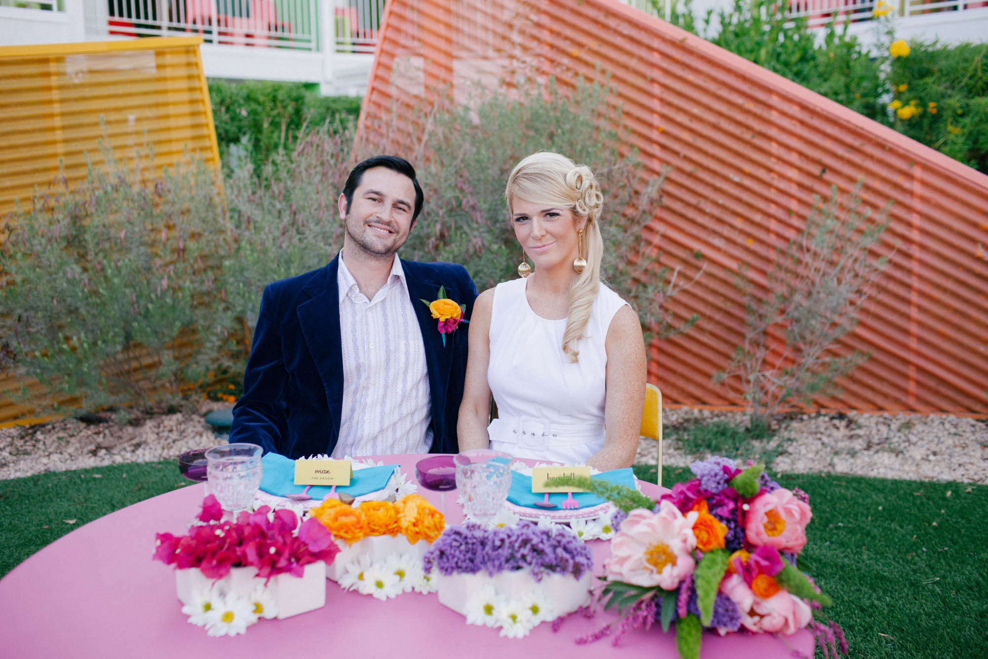 Mod colorful sweetheart table inspiration by San Diego florist, Compass Floral at The Saguaro Palm Springs.