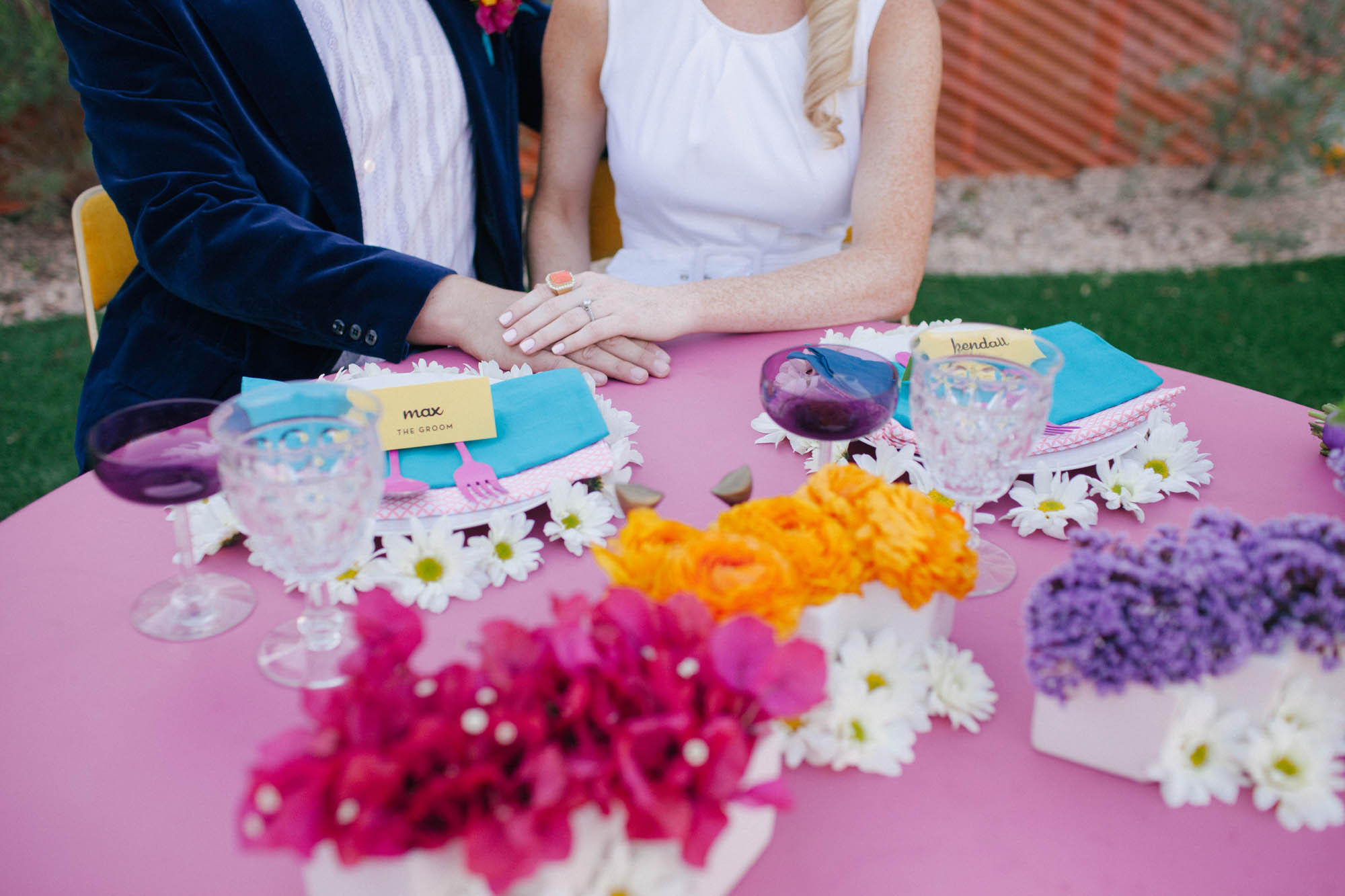 Mod colorful sweetheart table inspiration by San Diego florist, Compass Floral at The Saguaro Palm Springs.