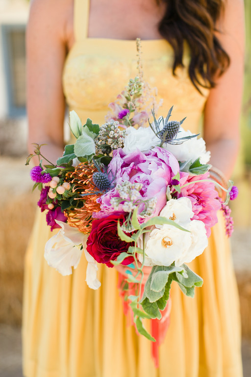 Colorful bohemian peony bridesmaid bouquets by San Diego florist, Compass Floral.