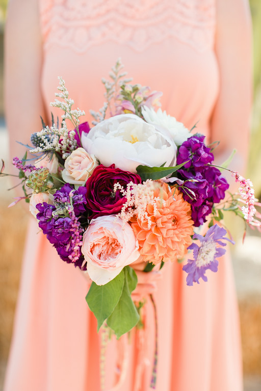 Colorful g arden rose, peony & dahlia bridesmaid bouquets by San Diego florist, Compass Floral.