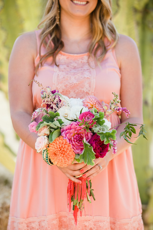 Colorful bohemian dahlia bridesmaid bouquets by San Diego florist, Compass Floral..