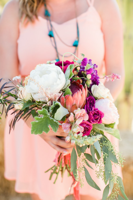 Colorful bohemian protea bridesmaid bouquets by San Diego florist, Compass Floral.
