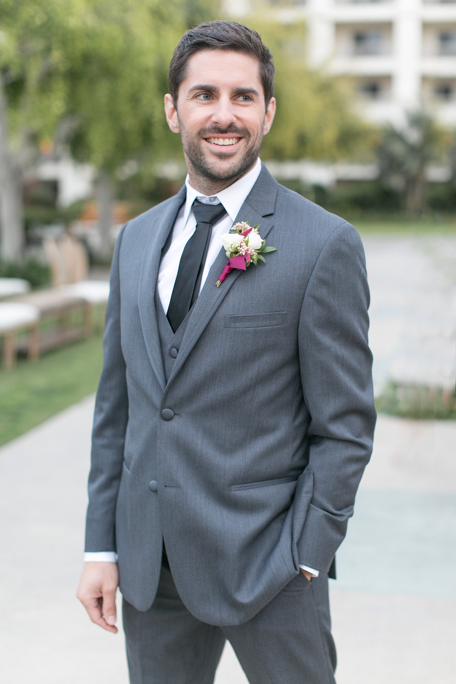 Marsala & blush boutonniere by San Diego wedding florist, Compass Floral.