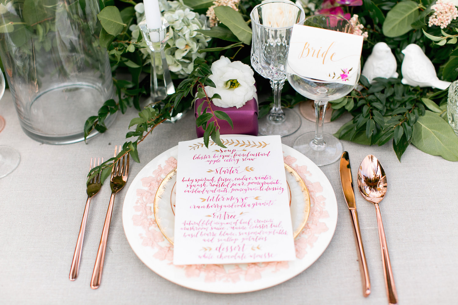 Calligraphy wedding dinner menu by Paper & Posies.