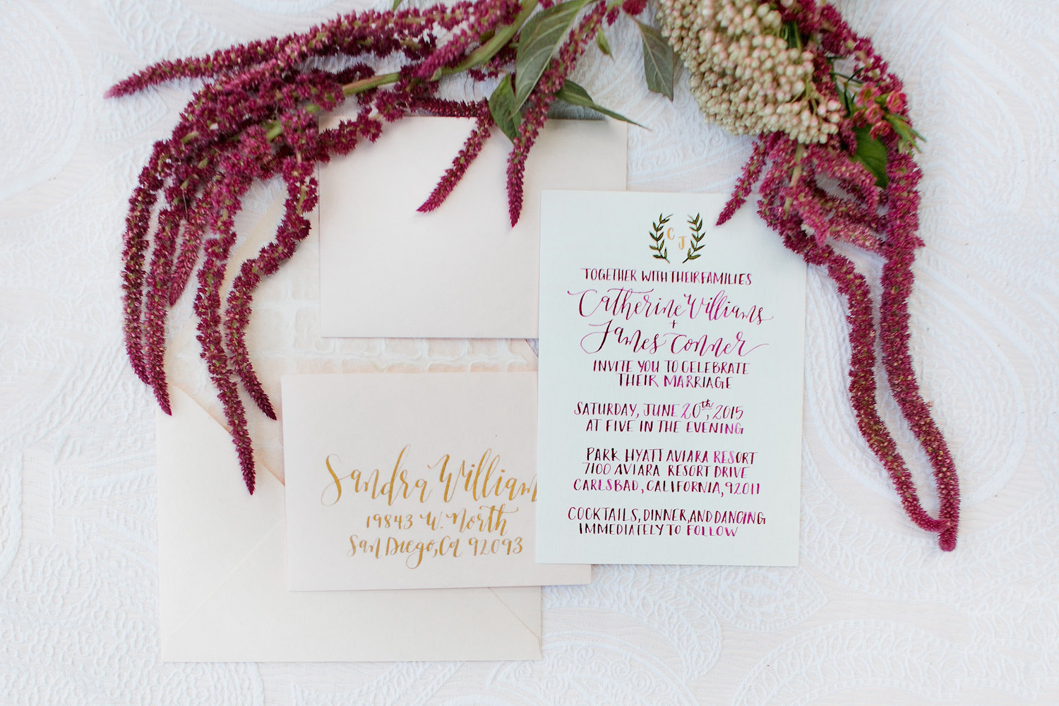 Marsala & gold wedding invitation by Paper & Posies.