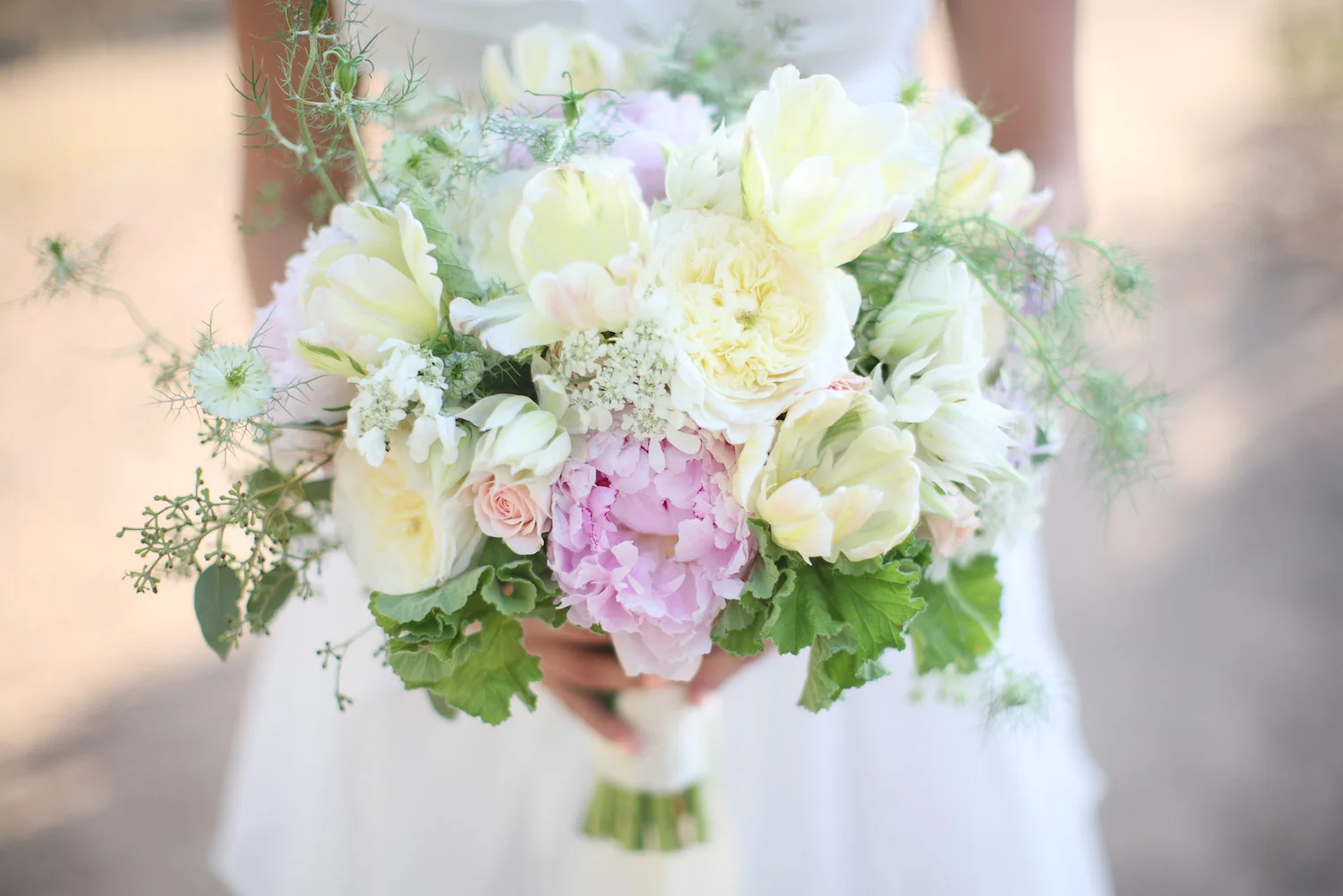 Peony & garden rose bridal bouquet by San Diego florist, Compass Floral.