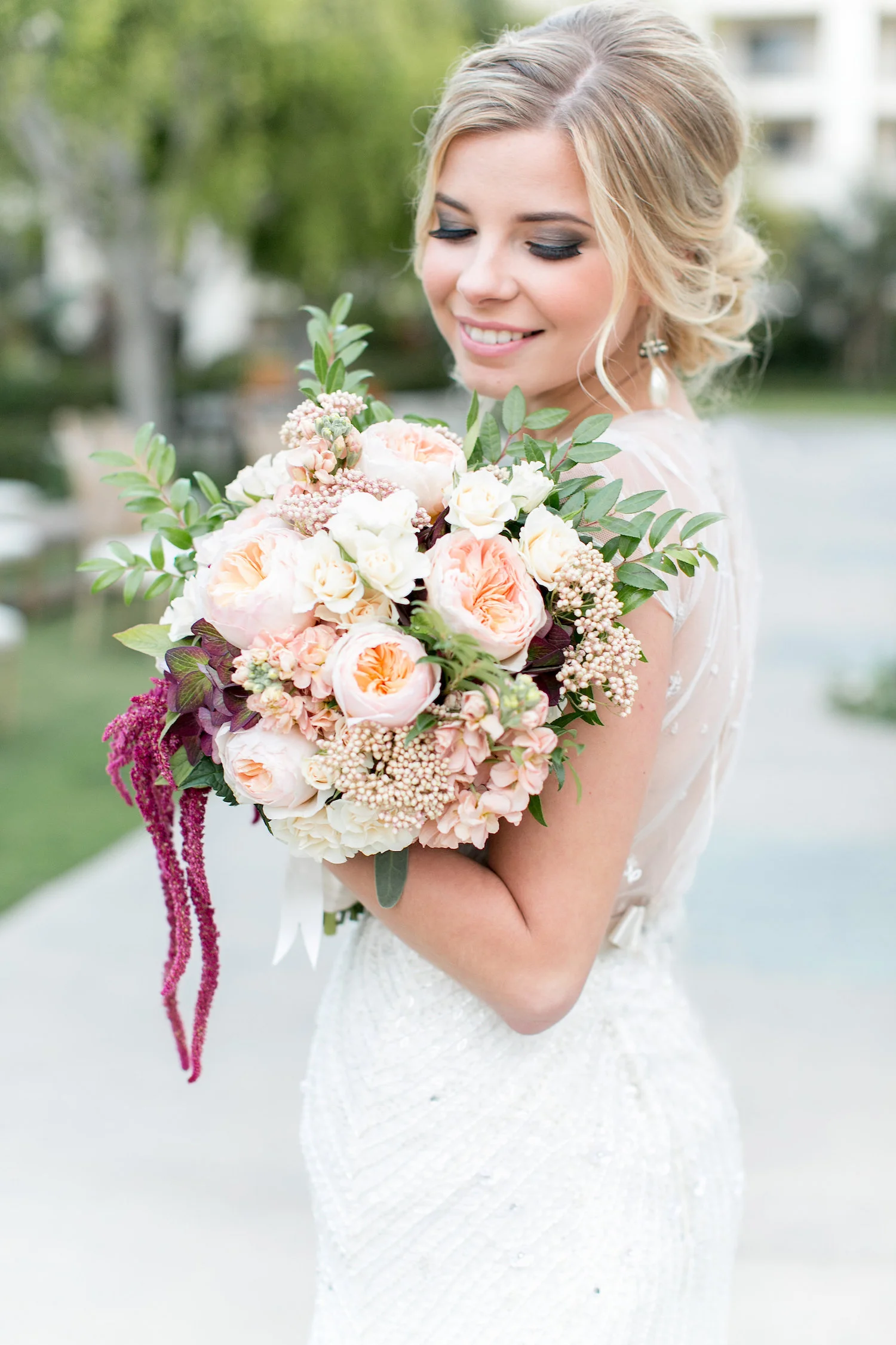 Marsala & blush garden rose bridal bouquet by San Diego wedding florist, Compass Floral.