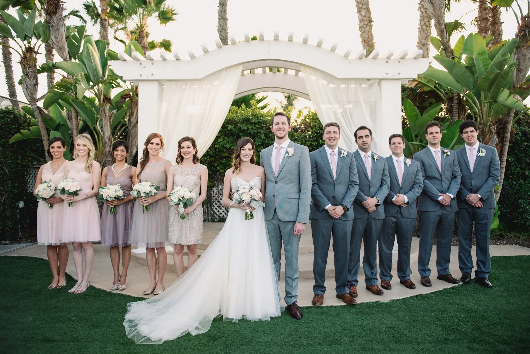 Champagne & blush wedding party by San Diego wedding florist, Compass Floral.