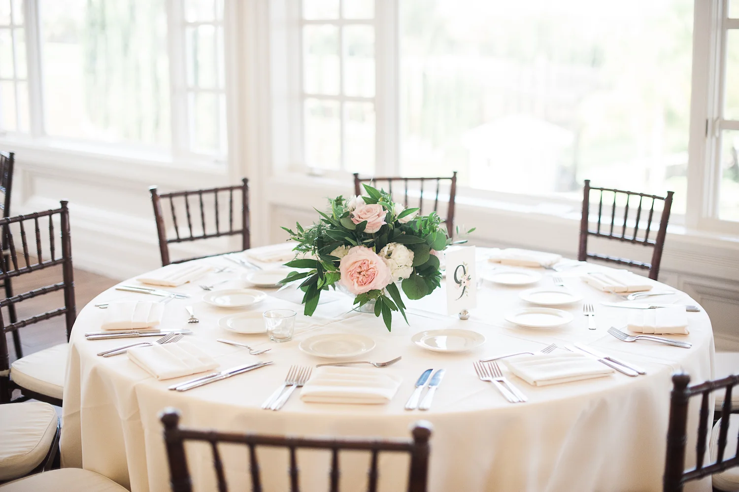 Carmel Mountain Ranch Country Club Blush & ivory, garden romantic centerpieces by San Diego wedding florist, Compass Floral.