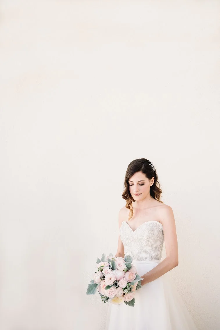 Blush peony & garden rose bouquet by San Diego wedding florist, Compass Floral.