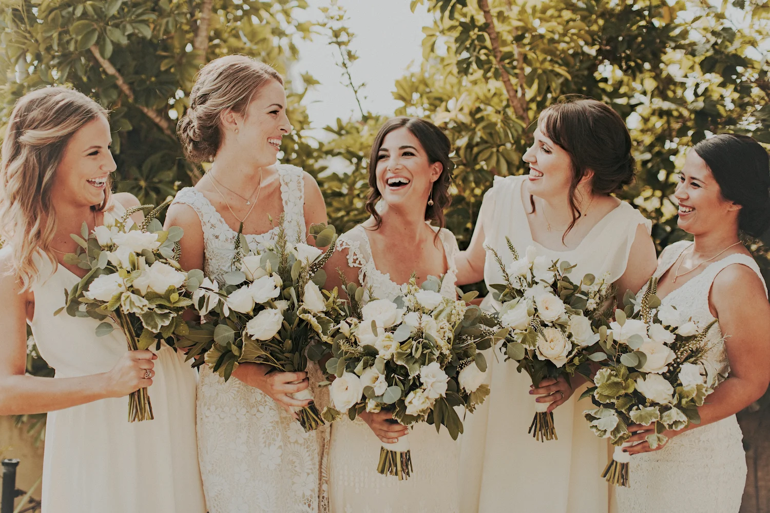 White garden rose & herb bouquets by San Diego wedding florist, Compass Floral.