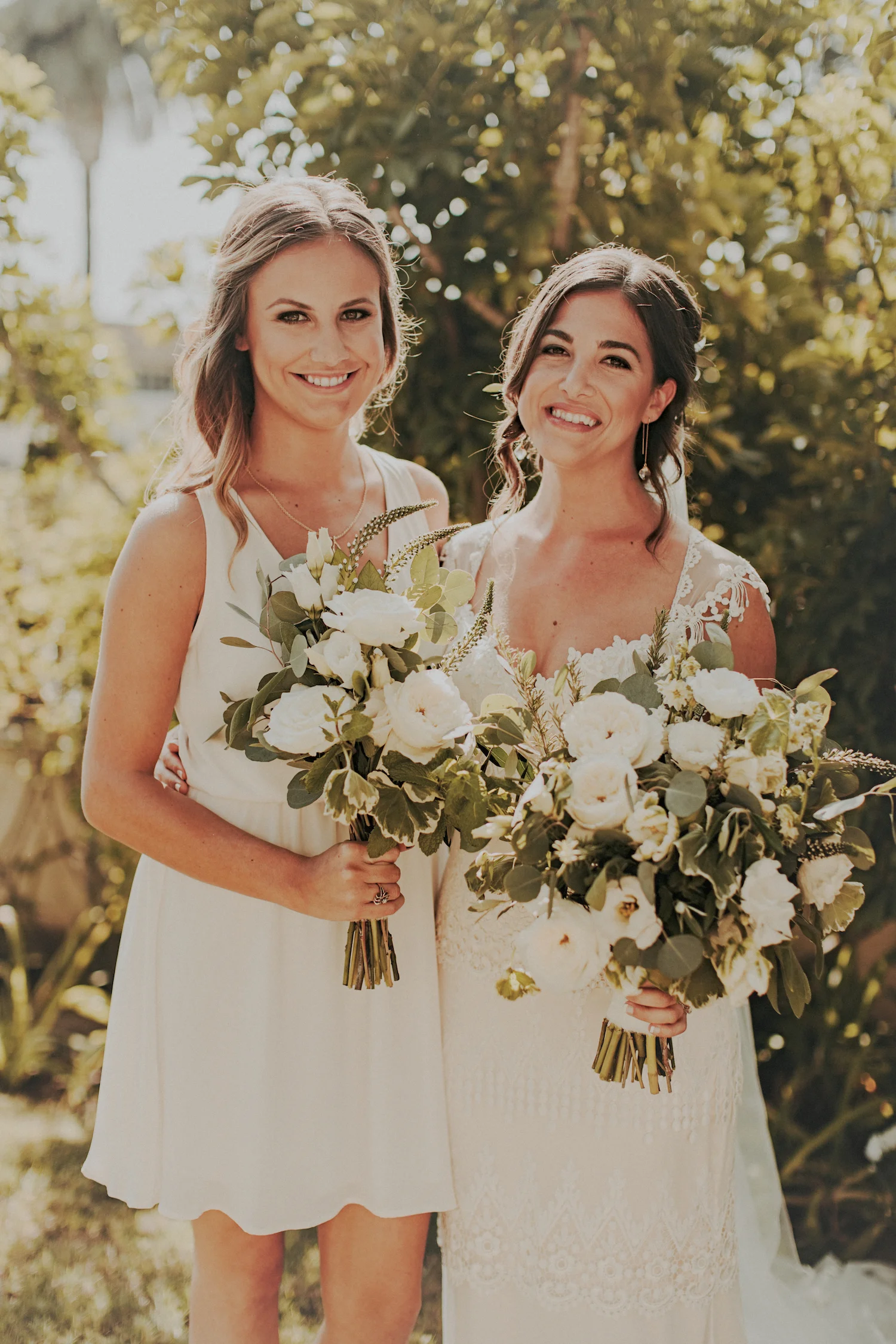 White garden rose & herb bouquets by San Diego wedding florist, Compass Floral.