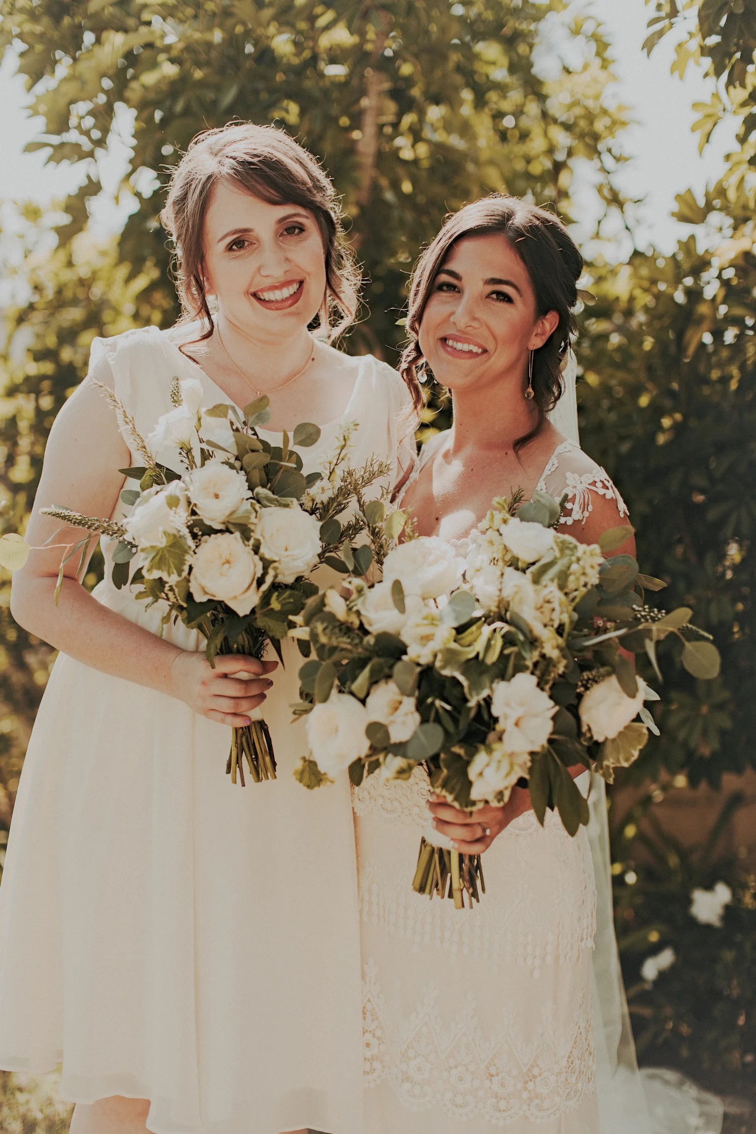 White garden rose & herb bouquets by San Diego wedding florist, Compass Floral.
