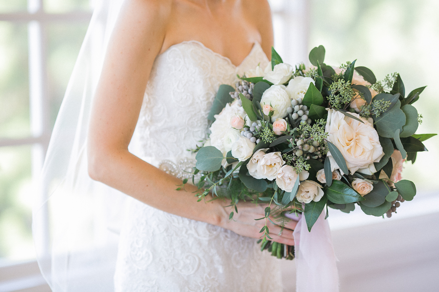 Carmel Mountain Ranch Country Club Blush & ivory, garden rose & eucalyptus bridal bouquet by San Diego wedding florist, Compass Floral. Brandi Welles Photography.