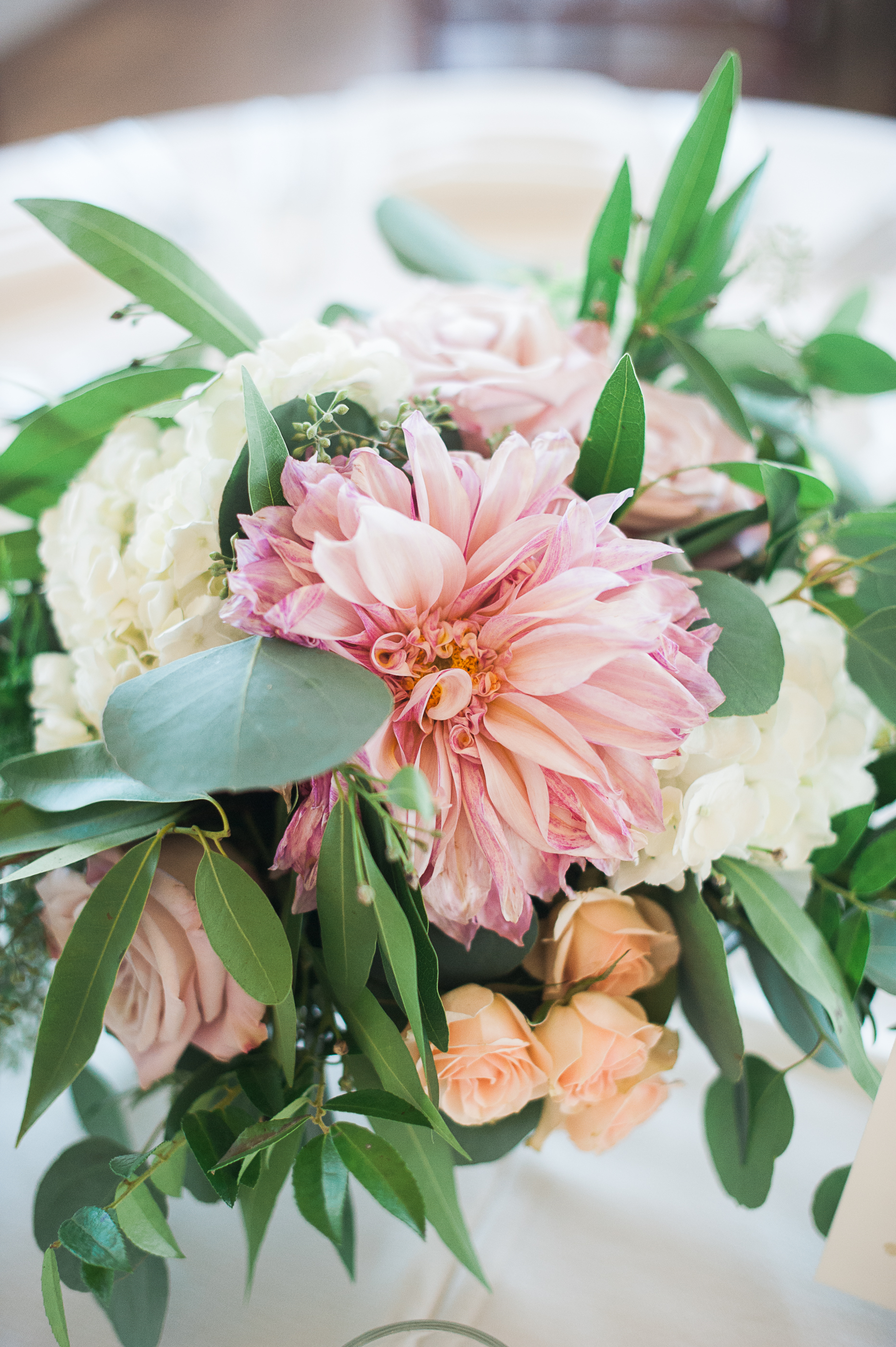 Cafe au lait dahlia centerpiece. Blush & ivory, garden romantic wedding by San Diego wedding florist, Compass Floral. Brandi Welles Photography. 
