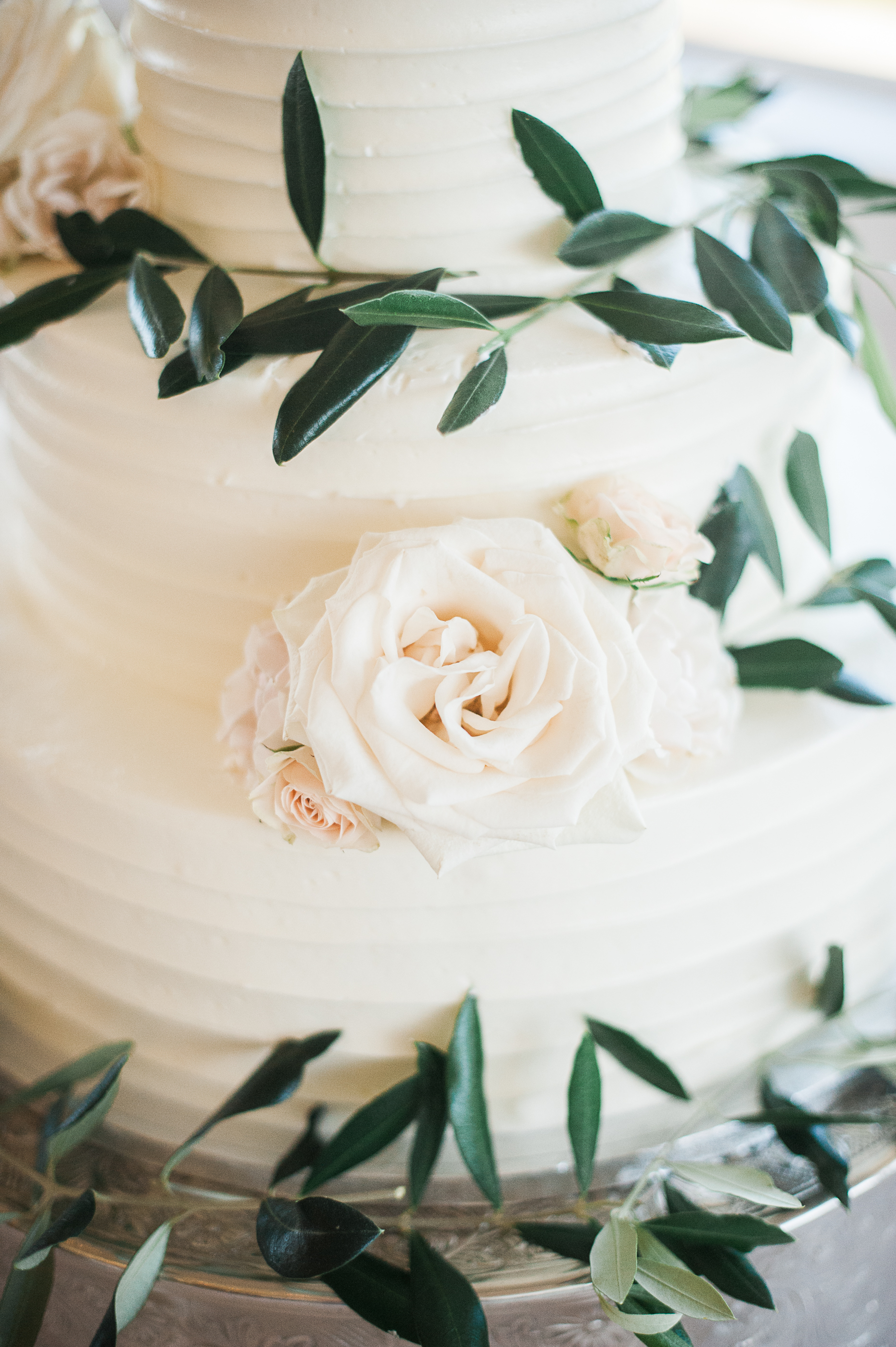 Carmel Mountain Ranch Country Club. Olive branch & rose cake decorated by San Diego wedding florist, Compass Floral. Cake by Edelweiss Bakery. Brandi Welles Photography.