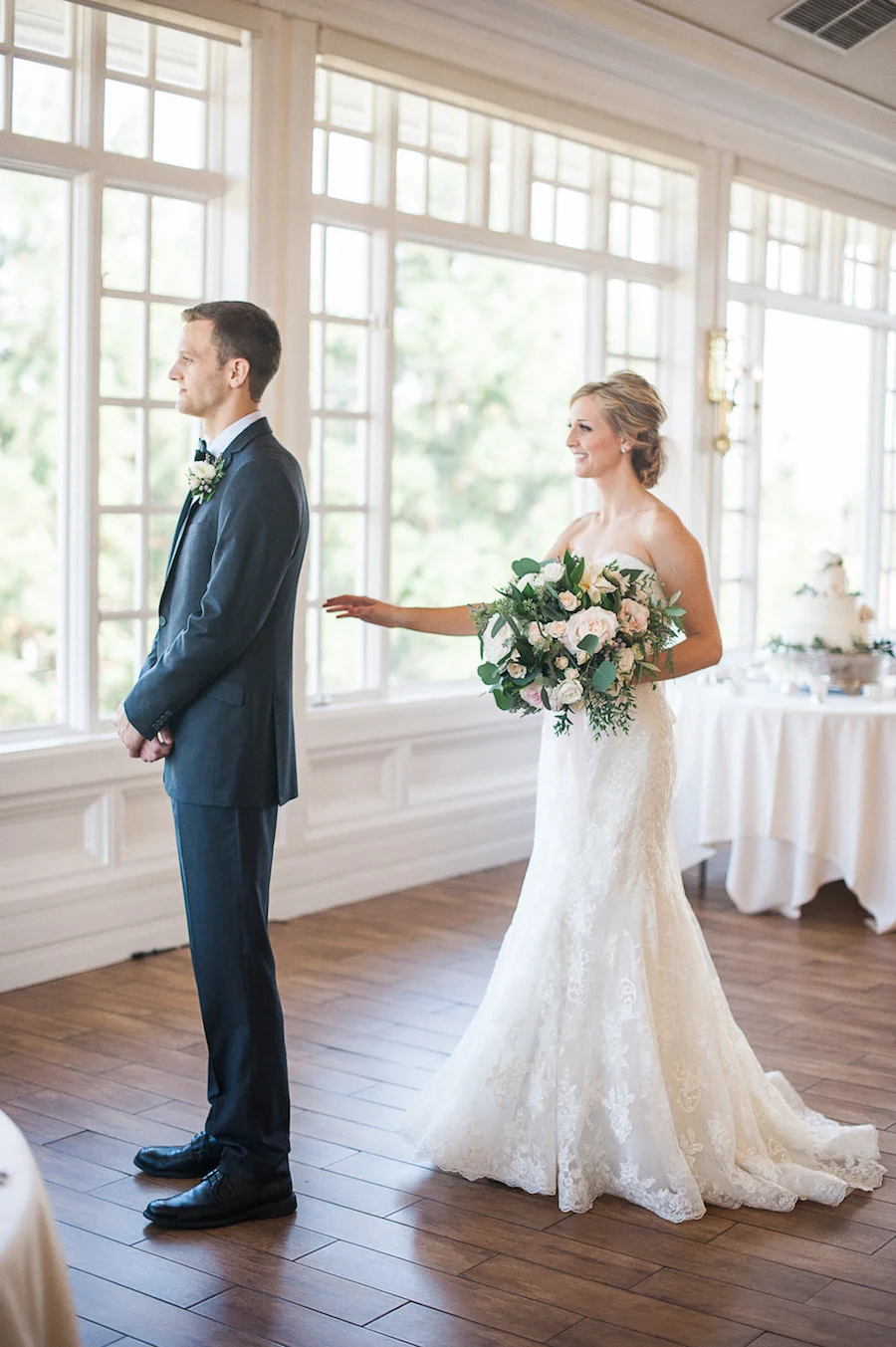 Carmel Mountain Ranch Country Club Blush & ivory, garden romantic bridal bouquet by San Diego wedding florist, Compass Floral. Brandi Welles Photography. First look.