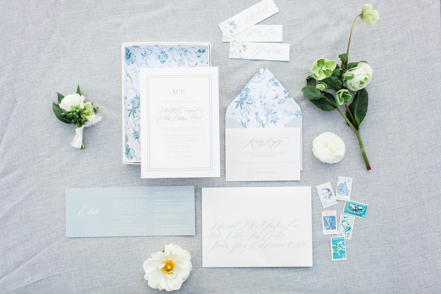 Blue & white stationary suite with florals | Rancho Valencia Weddings | Rancho Santa Fe | Compass Floral | Wedding Florist in San Diego and Southern California | Cavin Elizabeth Photography