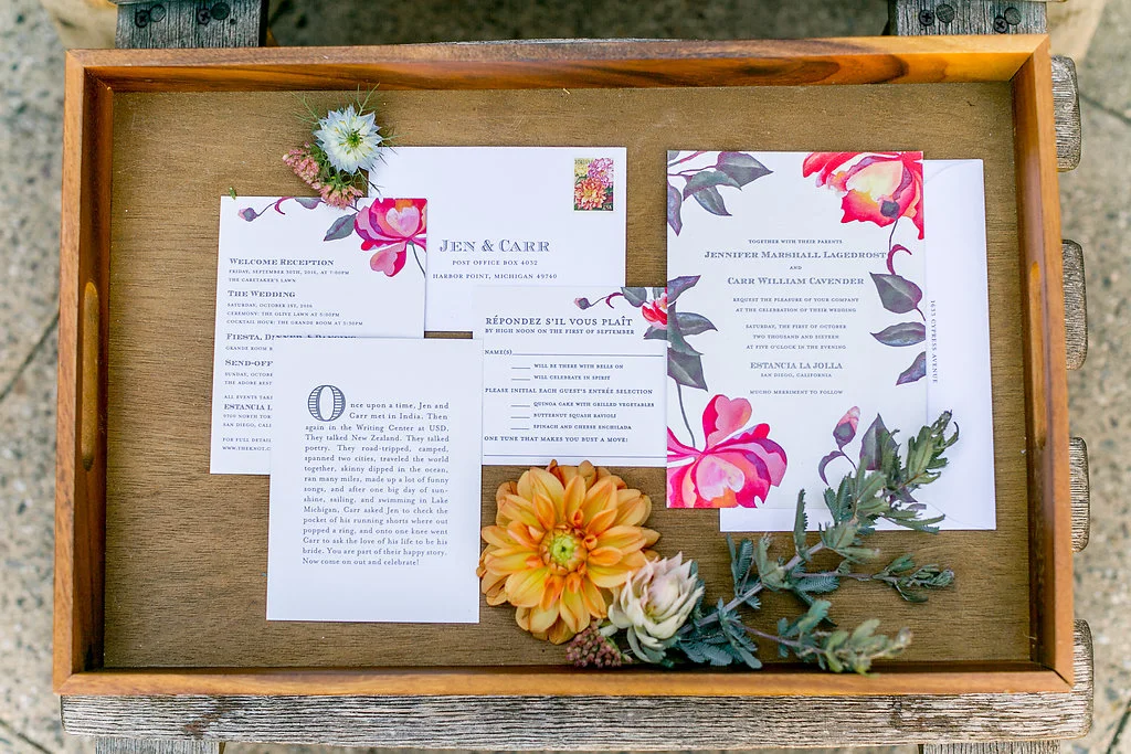 Bohemian wedding stationary with floral details by Compass Floral | Estancia Hotel & Spa, La Jolla.