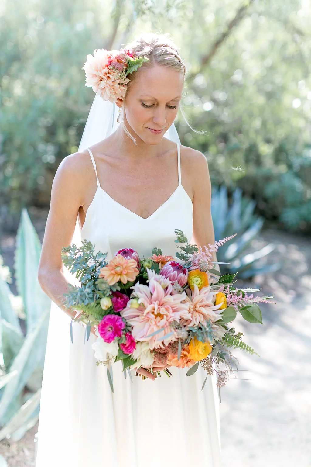 Cafe au lait dahlia, protea and ranunculus desert bohemian bridal bouquet by Compass Floral | Estancia Hotel & Spa, La Jolla.