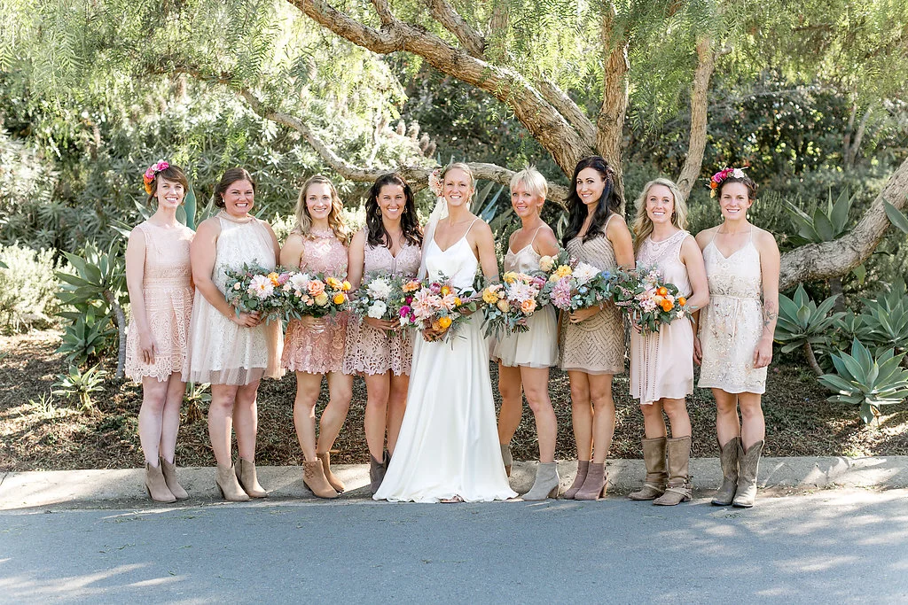 Desert bohemian bridesmaids, flowers by Compass Floral | Estancia Hotel & Spa, La Jolla.