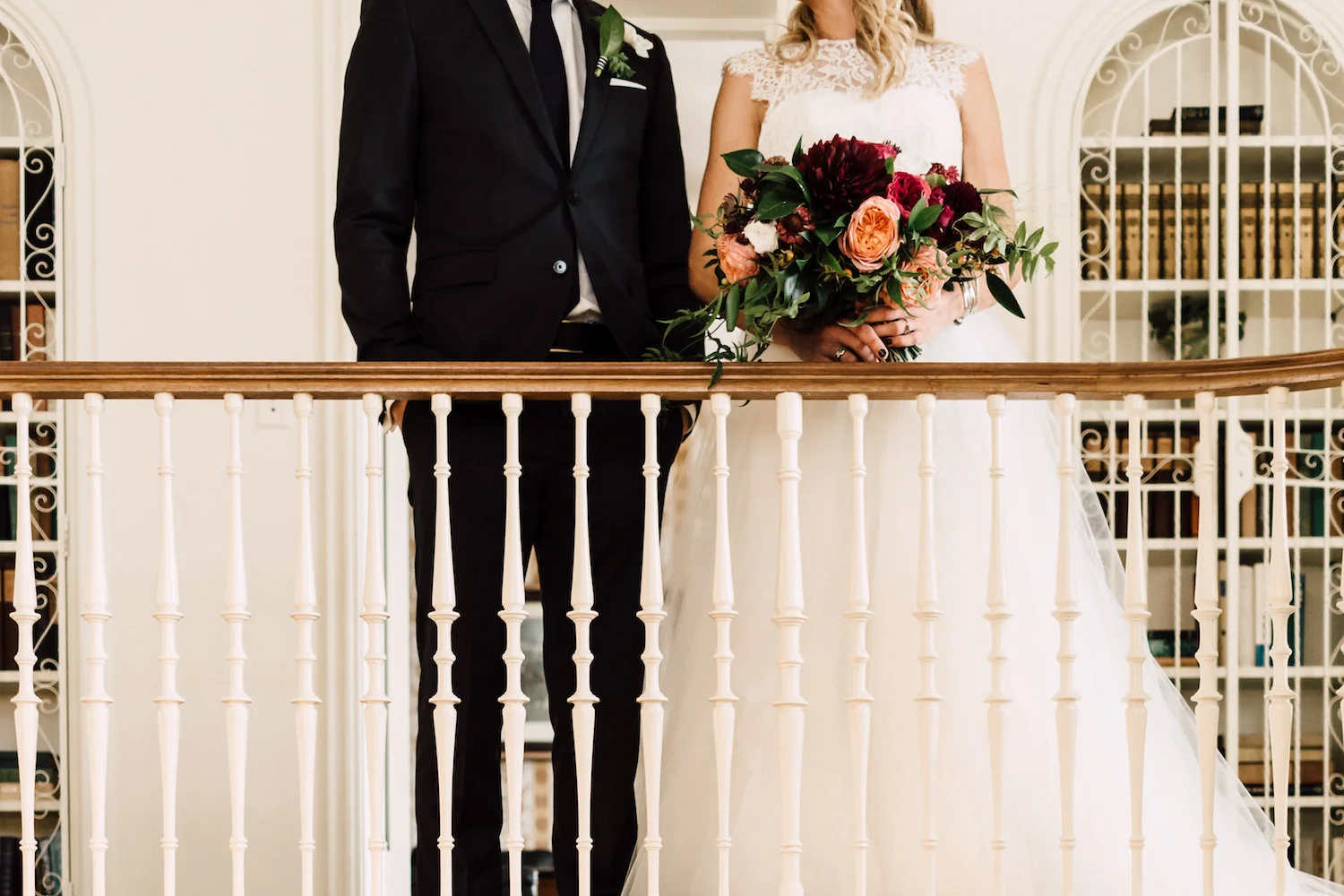 Modern, classic, colorful bride and groom with garden rose and dahlia bridal bouquet by Compass Floral | Darlington House, La Jolla.