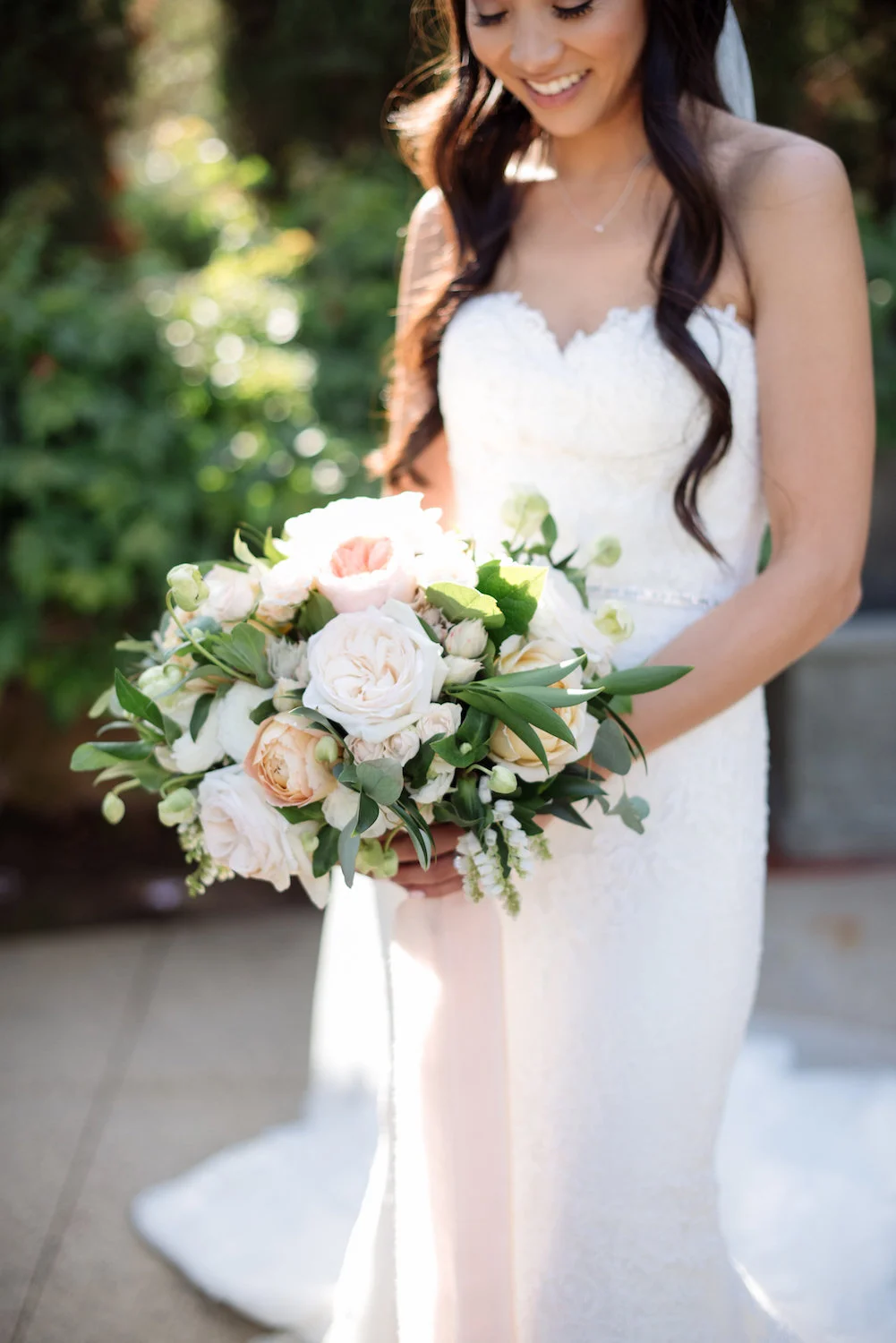 White, blush & peach bridal bouquet by Compass Floral | Estancia Hotel & Spa, La Jolla