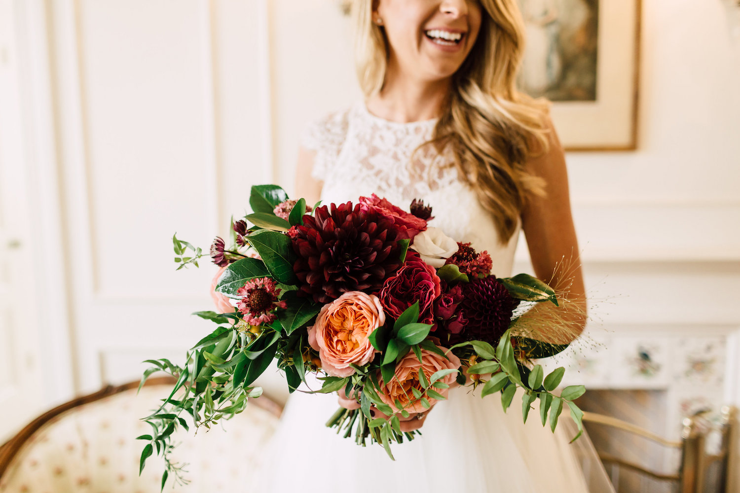 Classic, modern jewel tone bridal bouquet by Compass Floral. Venue: The Darlington House, La Jolla. Photographer: Plum & Oak