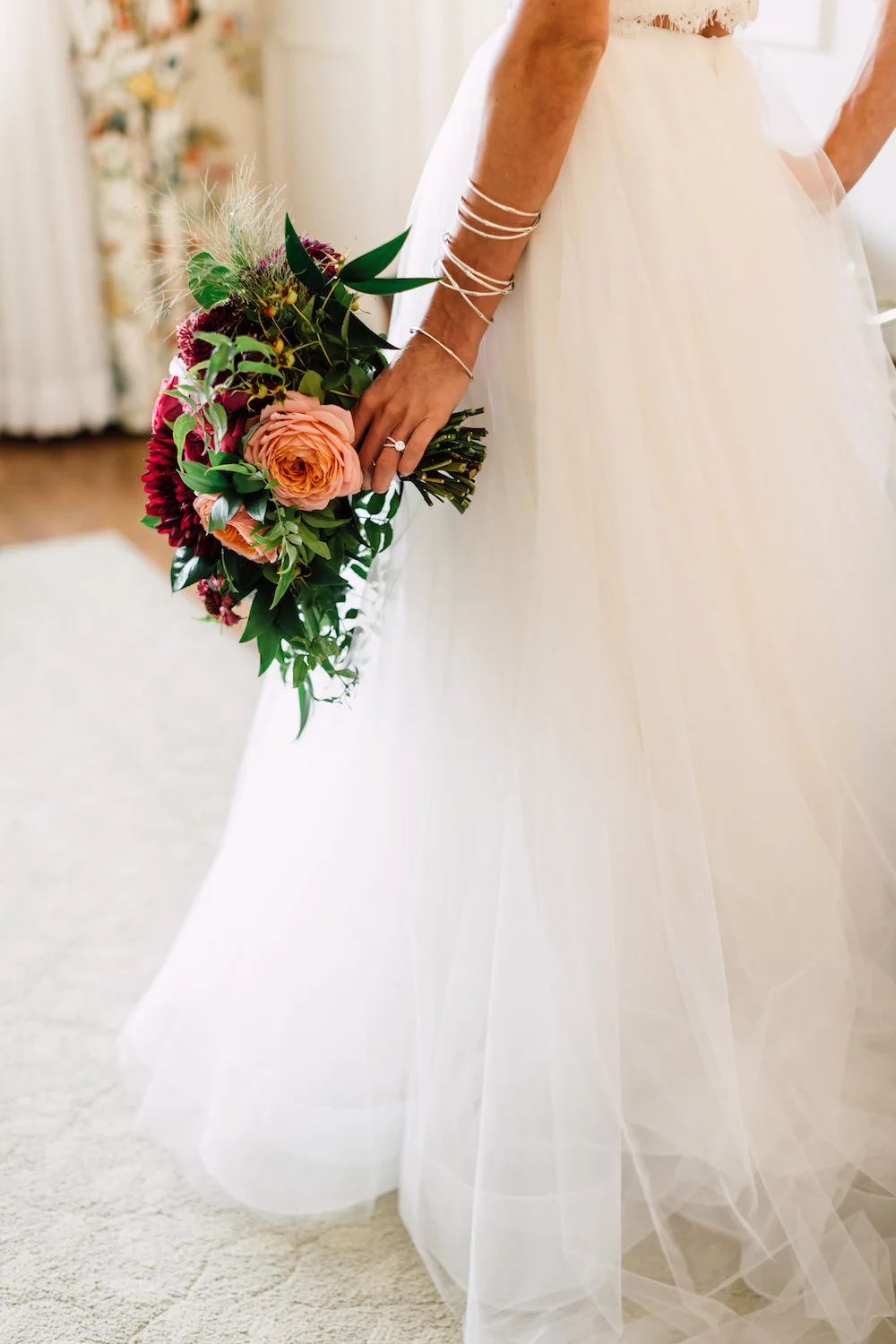 Classic, modern jewel tone bridal bouquet by Compass Floral. Venue: The Darlington House, La Jolla. Photographer: Plum & Oak