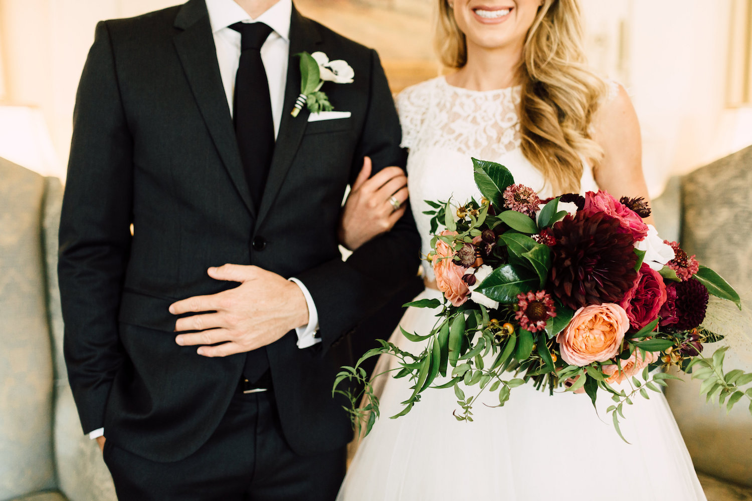 Classic, modern jewel tone wedding by Compass Floral. Venue: The Darlington House, La Jolla. Photographer: Plum & Oak