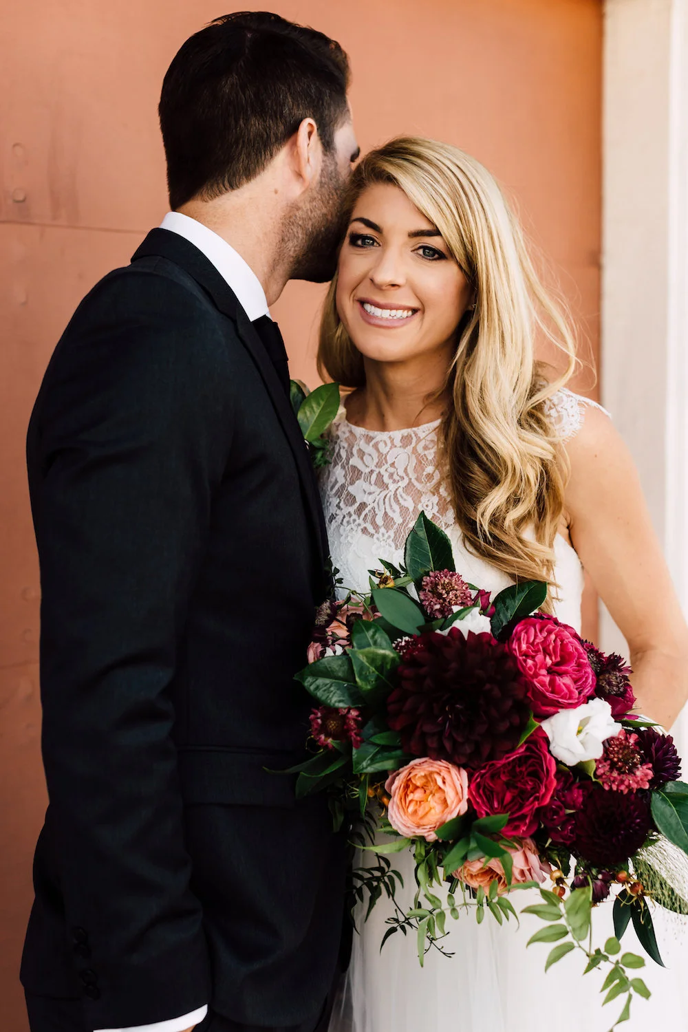 Classic, modern jewel tone bridal bouquet by Compass Floral. Venue: The Darlington House, La Jolla. Photographer: Plum & Oak