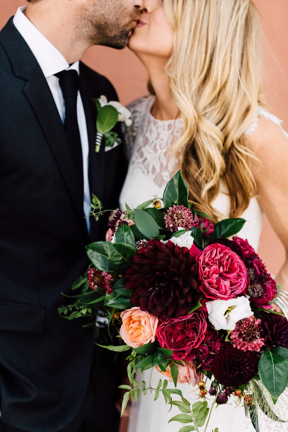 Classic, modern jewel tone bridal bouquet by Compass Floral. Venue: The Darlington House, La Jolla. Photographer: Plum & Oak