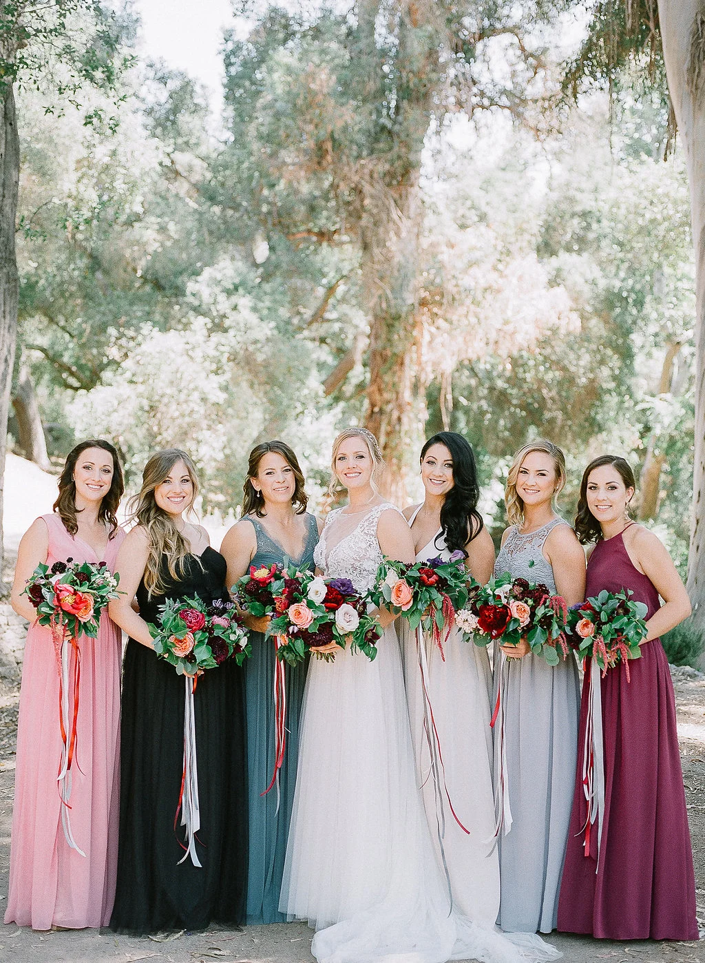 Mismatched bridesmaid dresses in jewel tones | Fallbrook Treehouse | Compass Floral | Wedding Florist in San Diego and Southern California | Allie Lindsey Photography