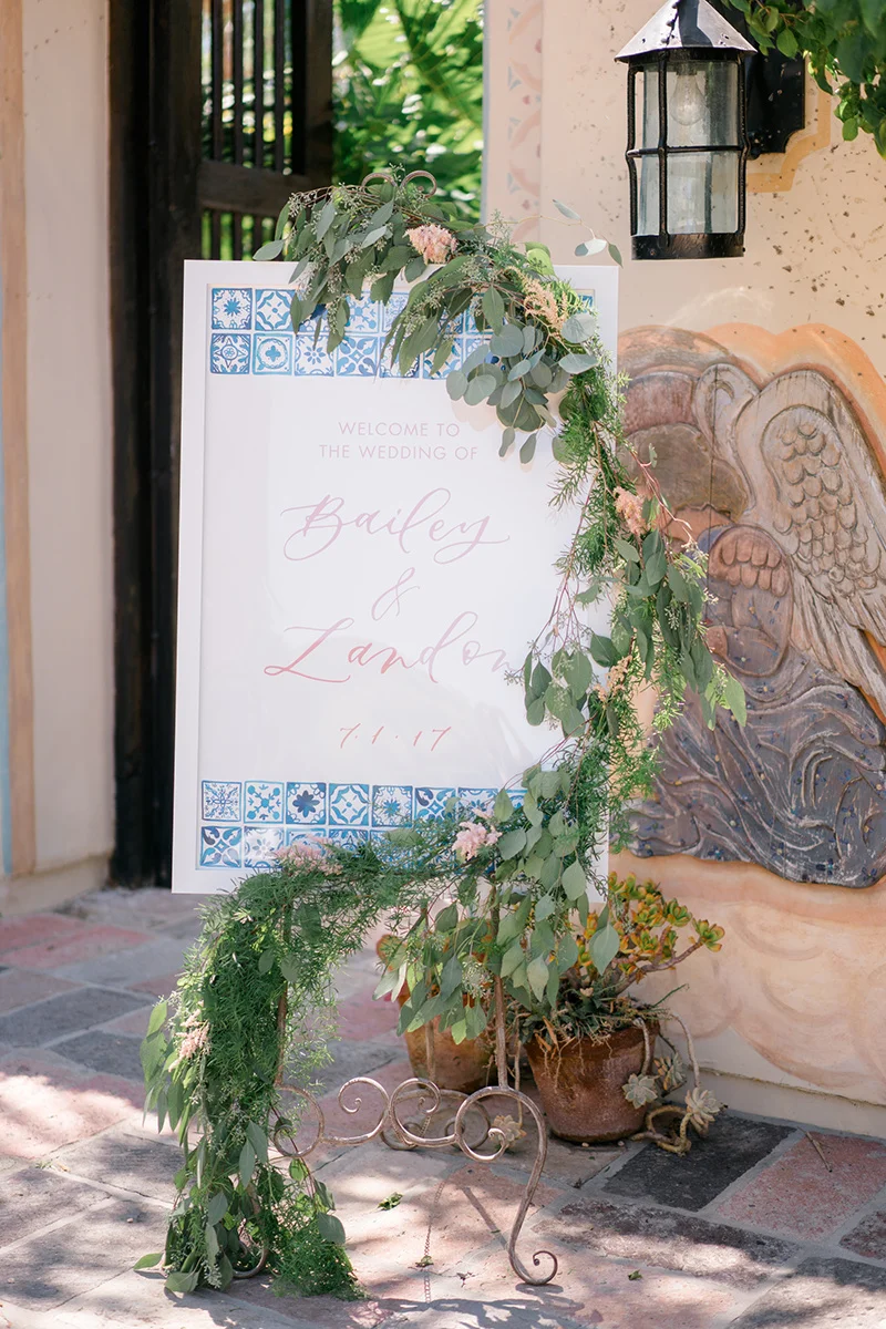 Wedding directional sign garland | Anthropologie inspired private estate wedding | Compass Floral | Wedding Florist in San Diego and Southern California | Shane & Lauren Photo