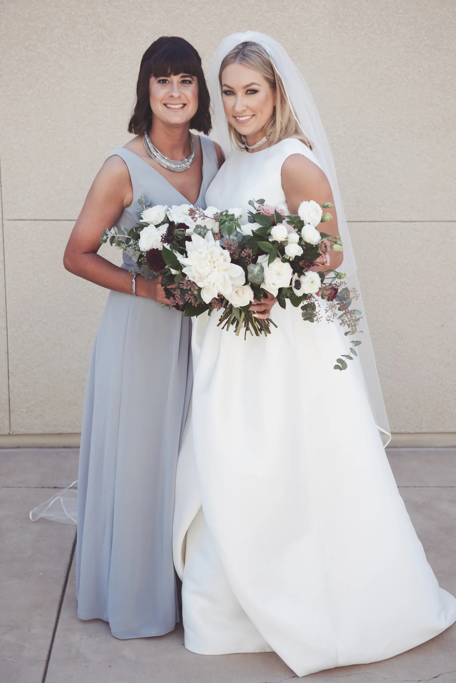 Bridesmaid in gray with white bouquet | Estancia Weddings | Compass Floral Design | Wedding Florist in San Diego and Southern California | Brit Jaye Photography