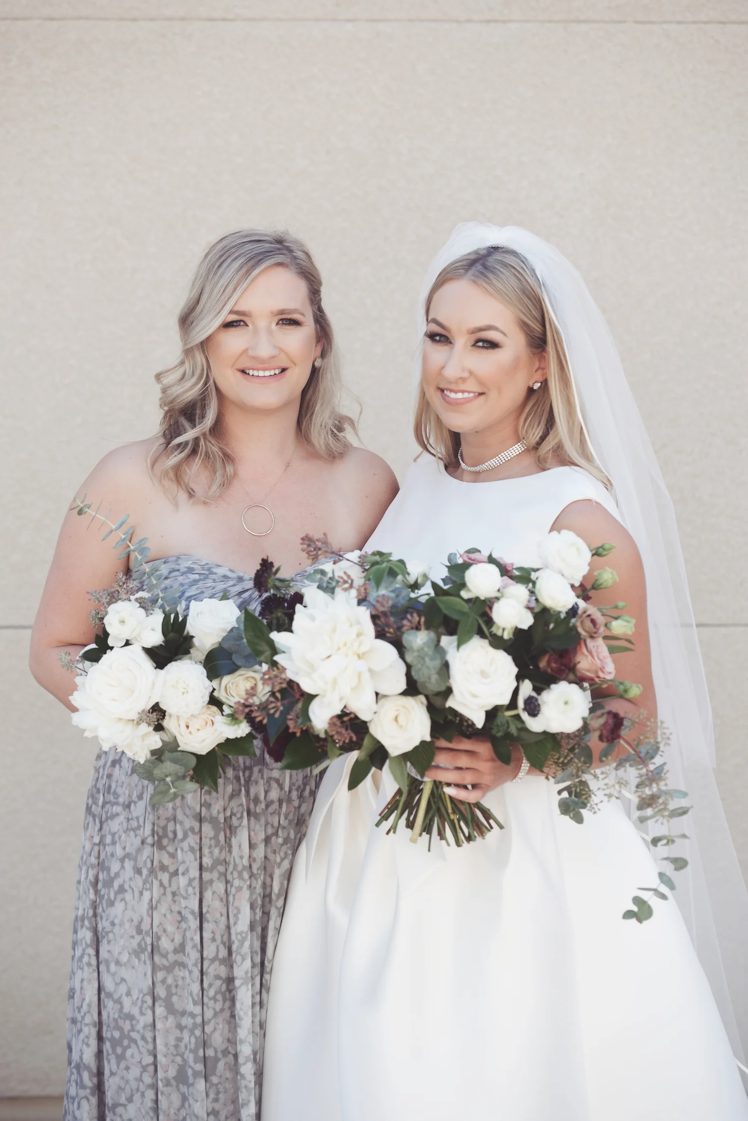 Bridesmaid in gray with white bouquet | Estancia Weddings | Compass Floral Design | Wedding Florist in San Diego and Southern California | Brit Jaye Photography
