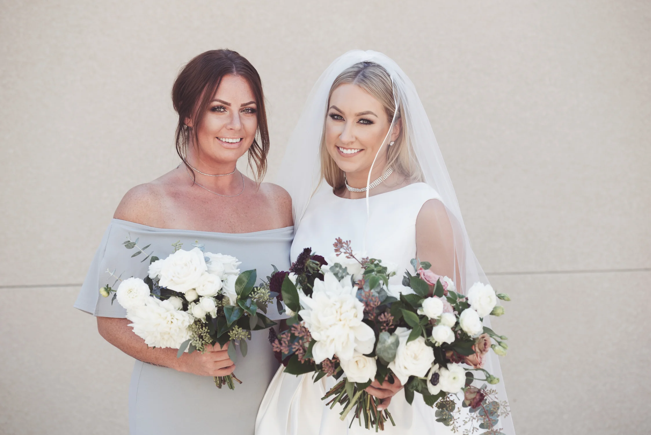 Bridesmaid in gray with white bouquet | Estancia Weddings | Compass Floral Design | Wedding Florist in San Diego and Southern California | Brit Jaye Photography
