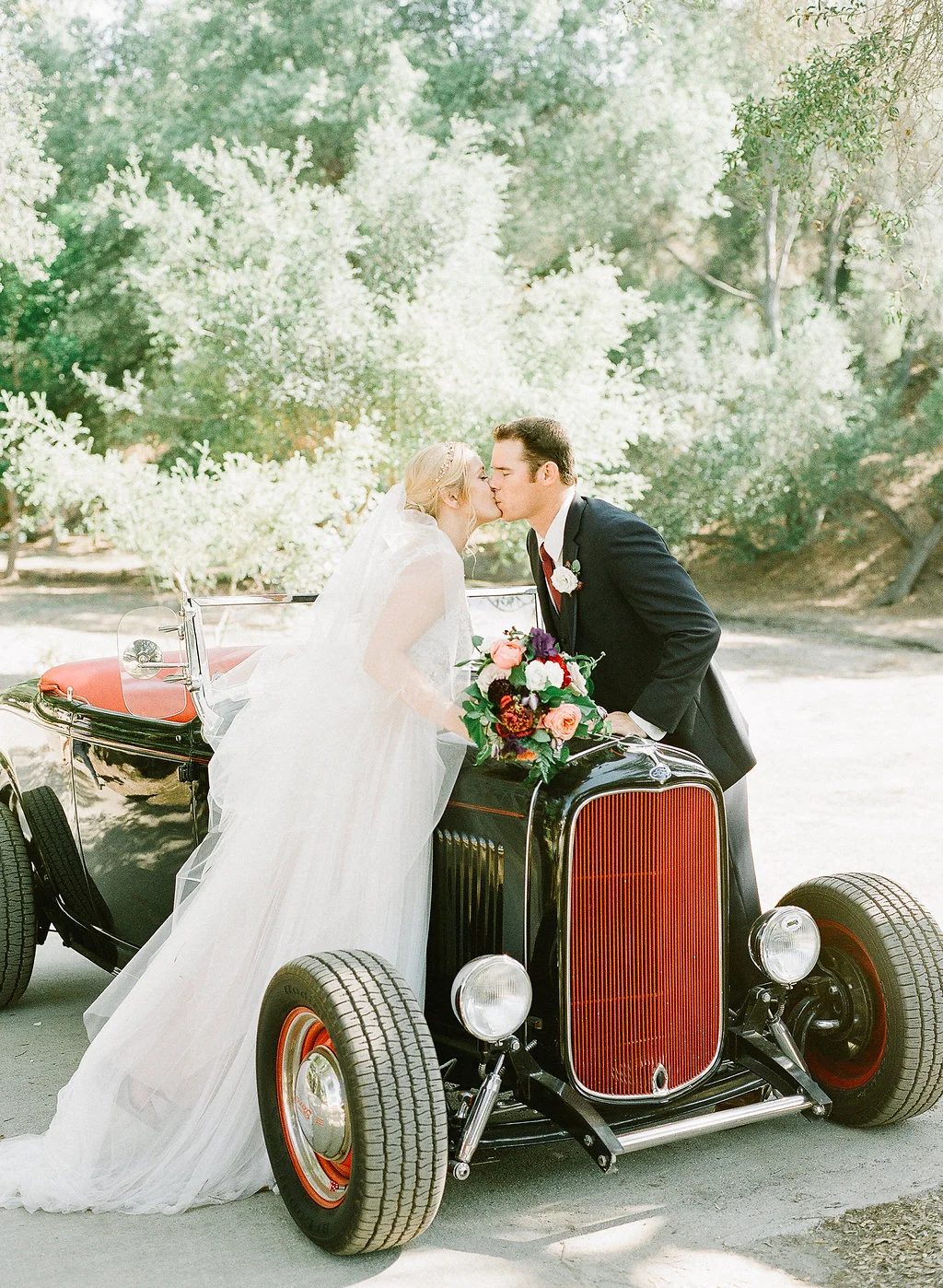 Vintage car, bride and groom portrait | Fallbrook Treehouse | Compass Floral | Wedding Florist in San Diego and Southern California | Allie Lindsey Photography