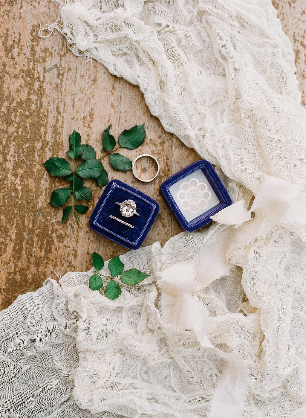 Velvet blue wedding ring detail photo | Fallbrook Treehouse | Compass Floral | Wedding Florist in San Diego and Southern California | Allie Lindsey Photography