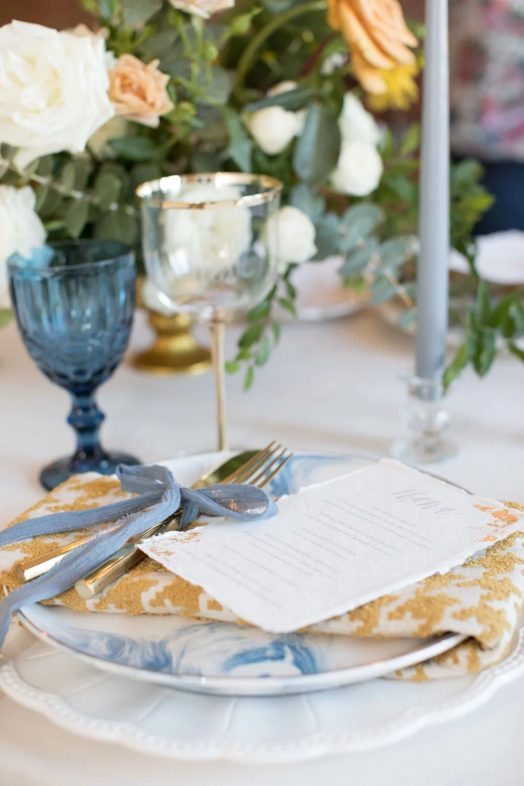 Blue and gold wedding place setting | Franciscan Gardens, San Juan Capistrano | Compass Floral | Wedding Florist in San Diego and Southern California | Jessica Jaccarino Photography